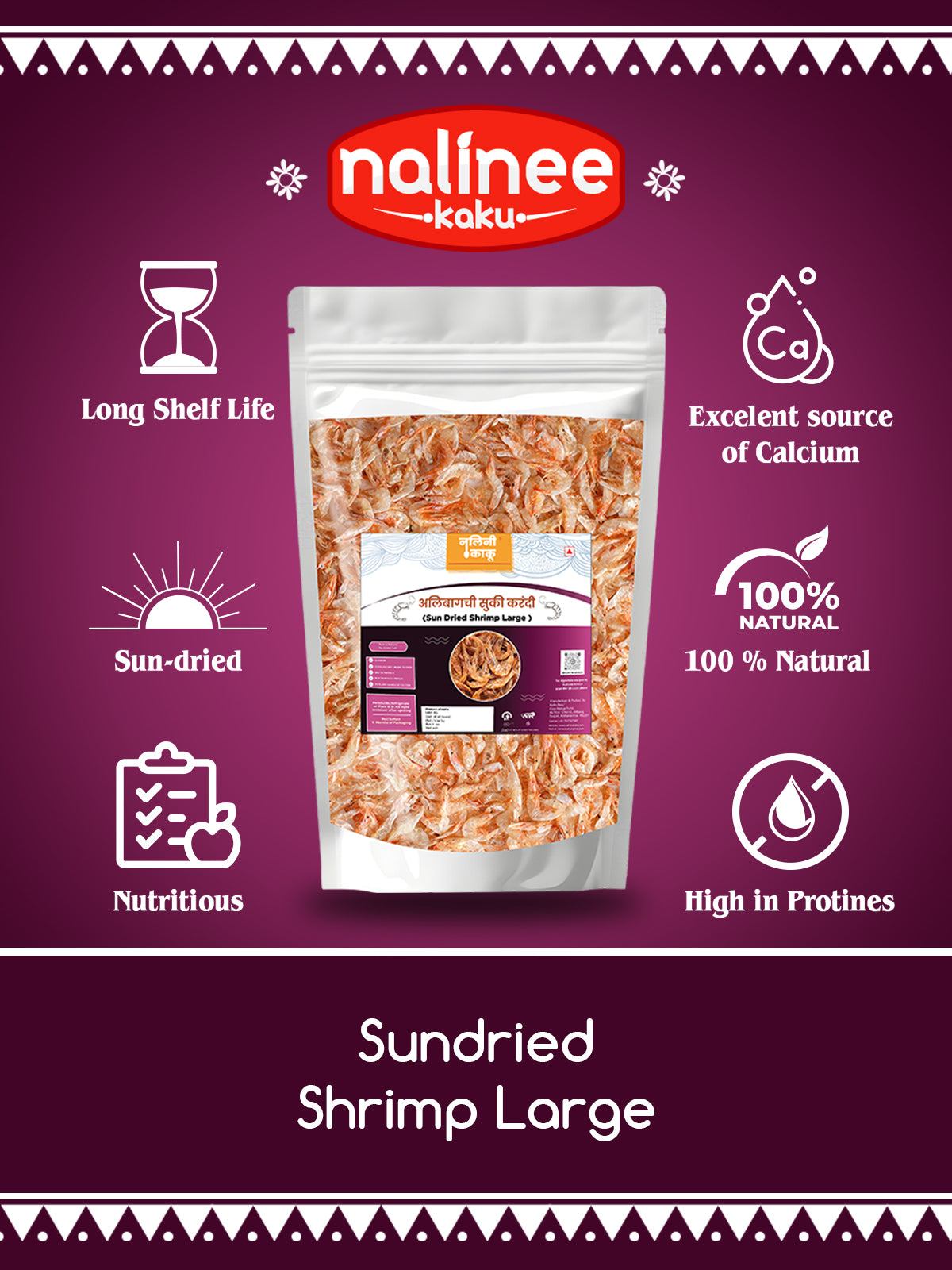 Nalinee Kaku sundried shrimp package on a purple background with product features listed.