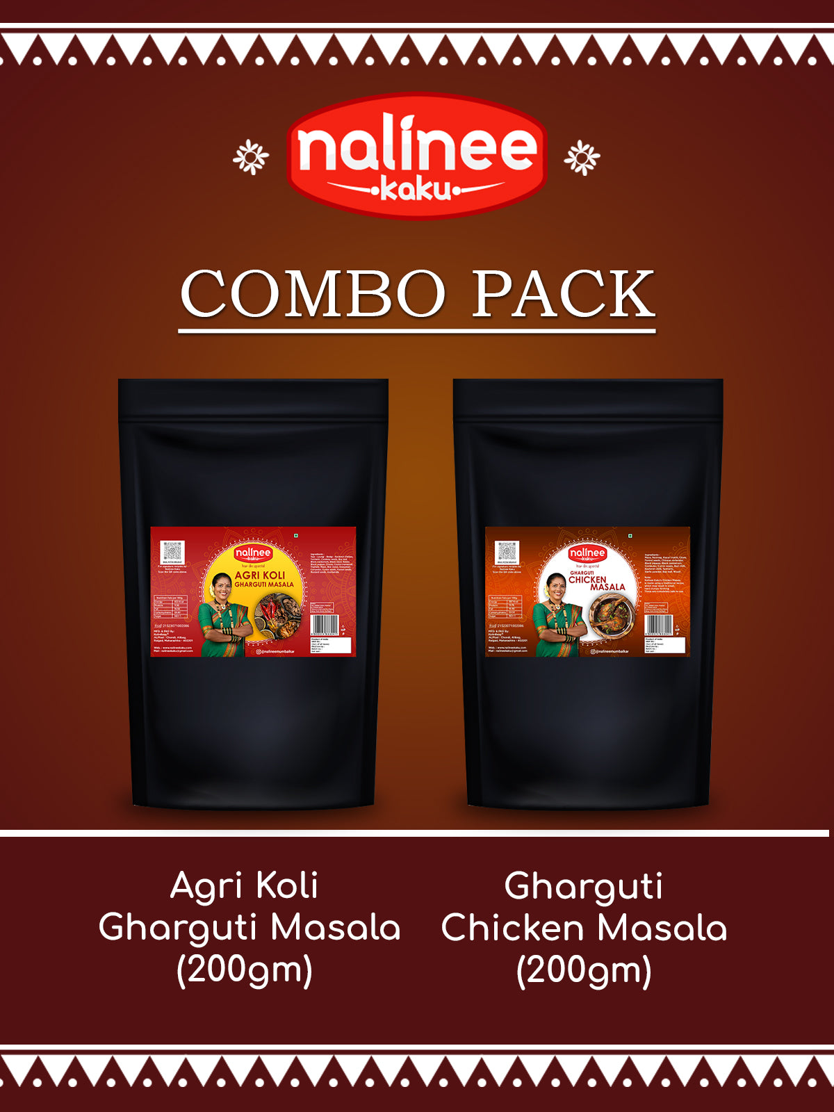 Nalinee Kaku combo pack of Agri Koli Gharguti Masala and Gharguti Chicken Masala on a brown background.