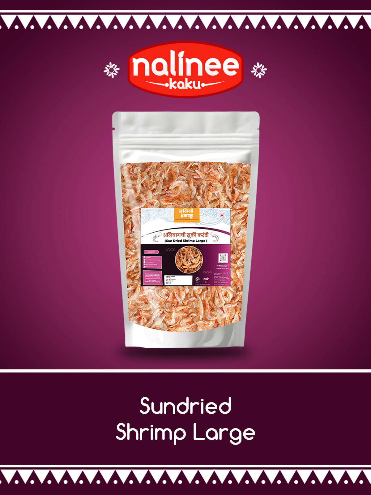 Packaged sundried shrimp with Nalinee Kaku branding on a purple background